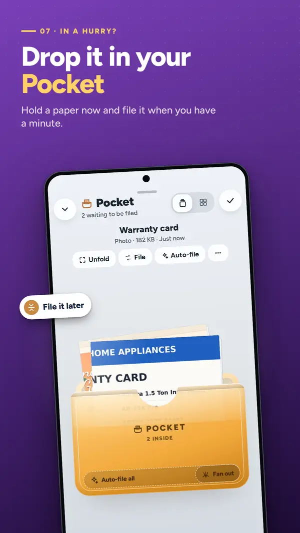 The Pocket holding papers to file later